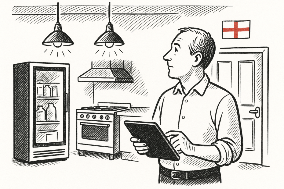 Pen-and-ink illustration of a hospitality business owner checking an energy-saving tool in an English pub or cafe, with a small St George's flag as the only colour accent.