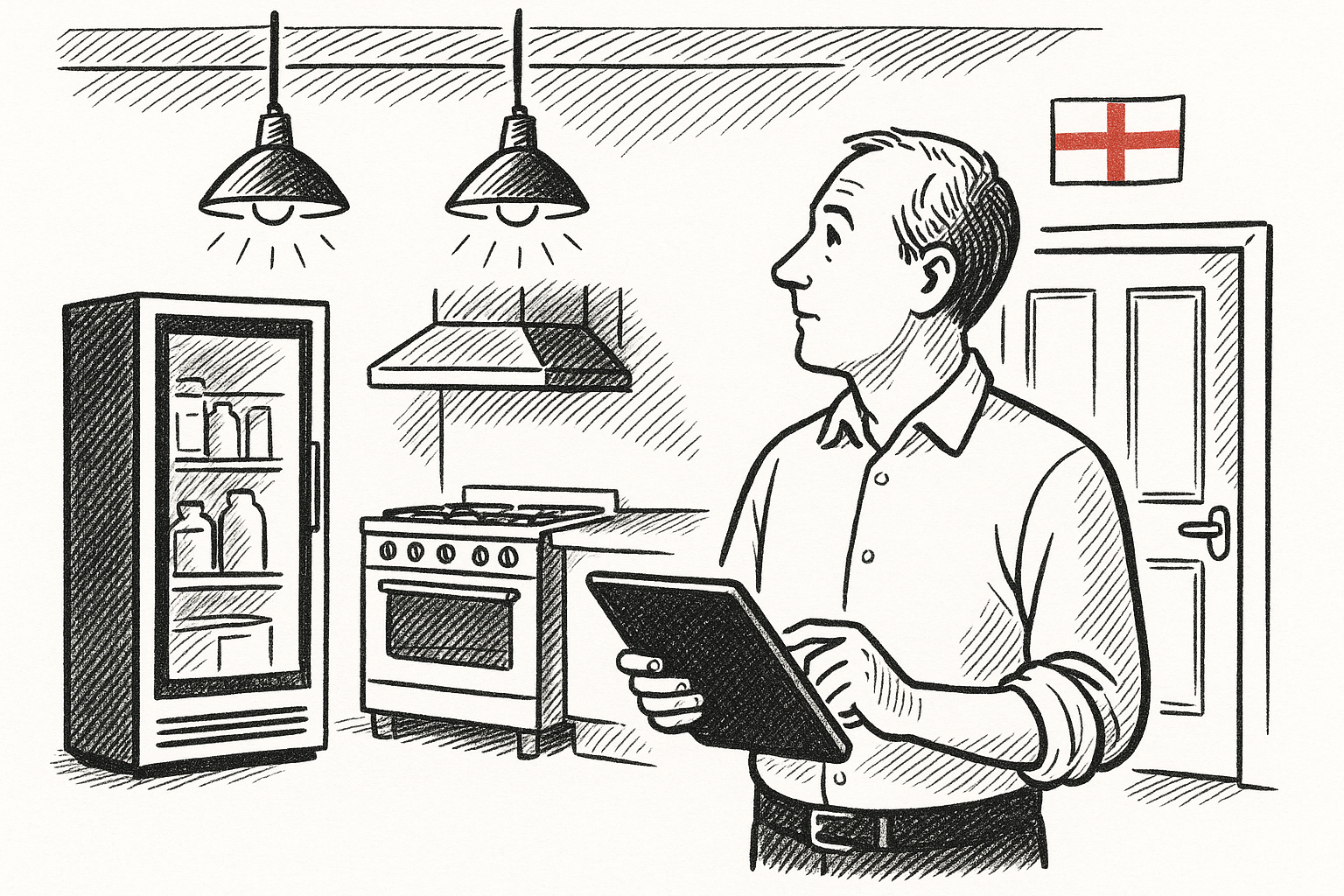 Pen-and-ink illustration of a hospitality business owner checking an energy-saving tool in an English pub or cafe, with a small St George's flag as the only colour accent.