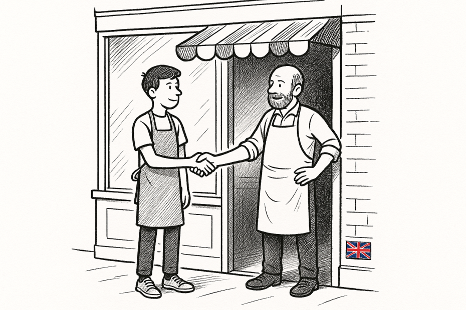 Pen-and-ink illustration of a small business owner welcoming a young apprentice outside a high-street shop, with a small Union Jack as the only colour accent.