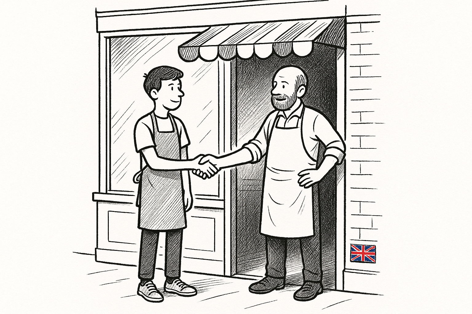 Pen-and-ink illustration of a small business owner welcoming a young apprentice outside a high-street shop, with a small Union Jack as the only colour accent.