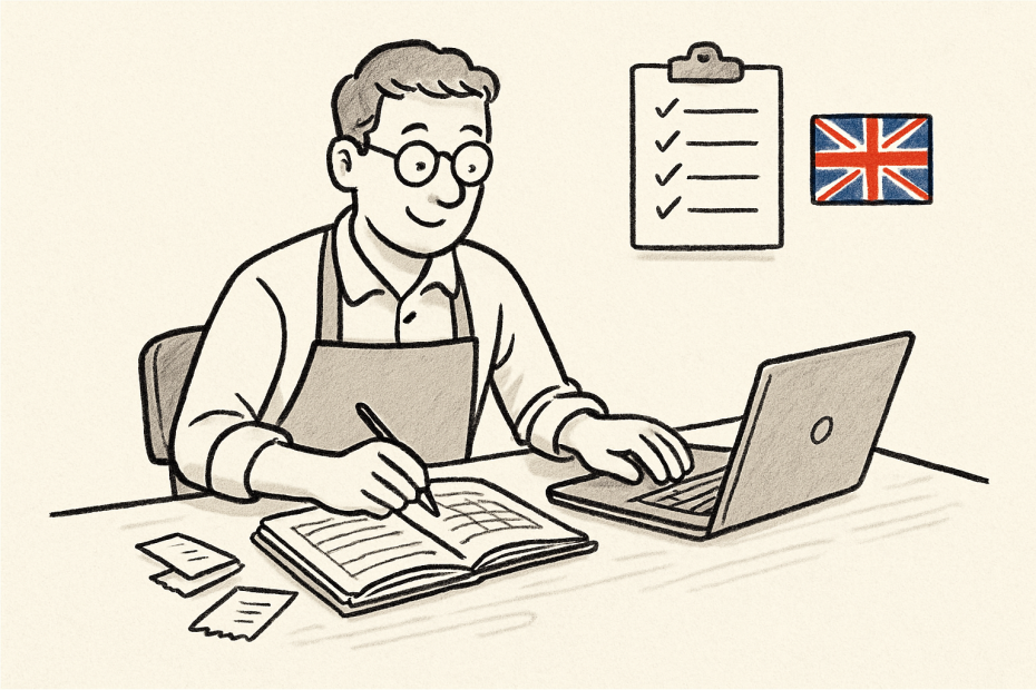 Pen-and-ink illustration of a UK small business owner doing digital tax bookkeeping, with the only coloured element being a subtle Union Jack flag.
