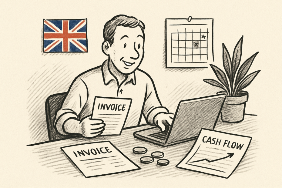 Pen-and-ink illustration of a small business owner handling invoices and cashflow, with the only coloured element being a subtle Union Jack flag.