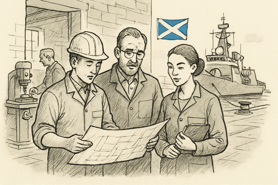Pen-and-ink illustration of engineers in a small workshop, with the only coloured element being a small Scottish Saltire.