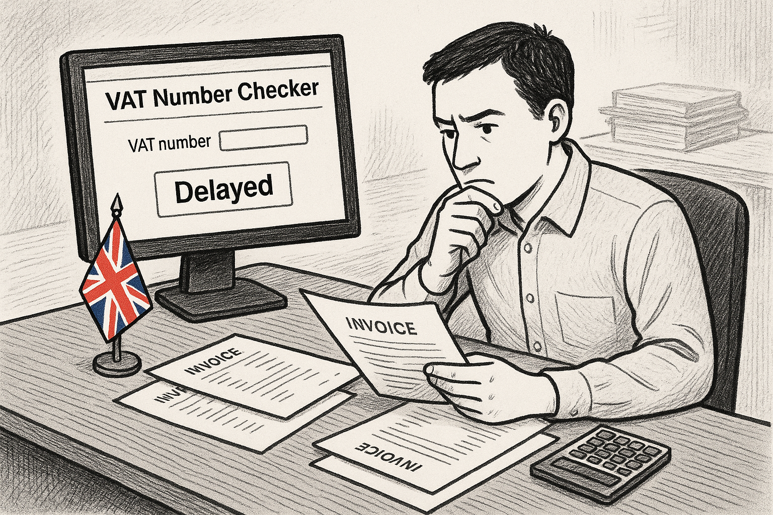 Pen-and-ink illustration of a UK small-business owner checking HMRC VAT details, with a small Union Jack as the only coloured element.
