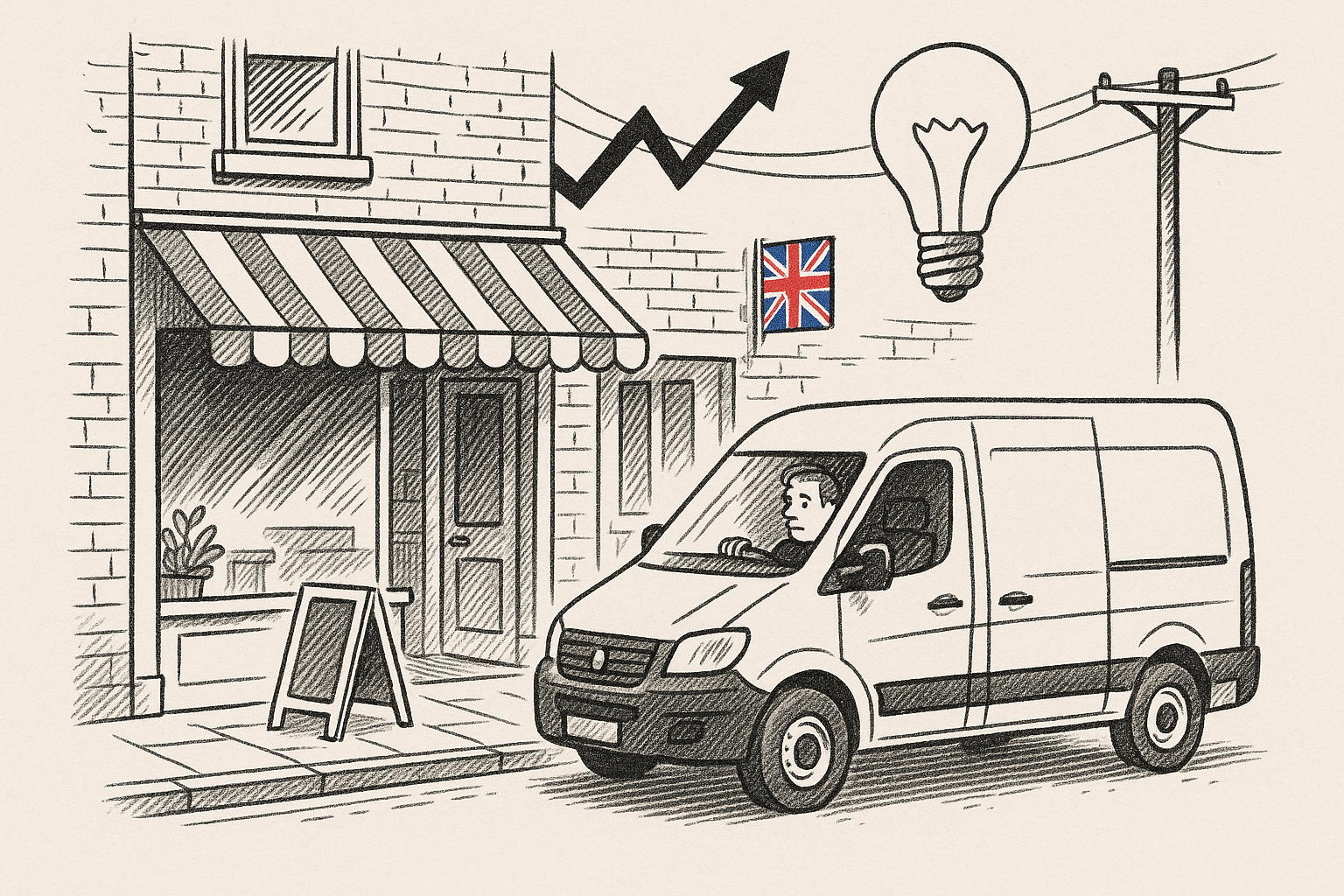 Pen-and-ink illustration of a UK small-business street scene with a van, shopfront and rising energy cost symbols, with a small Union Jack as the only coloured element