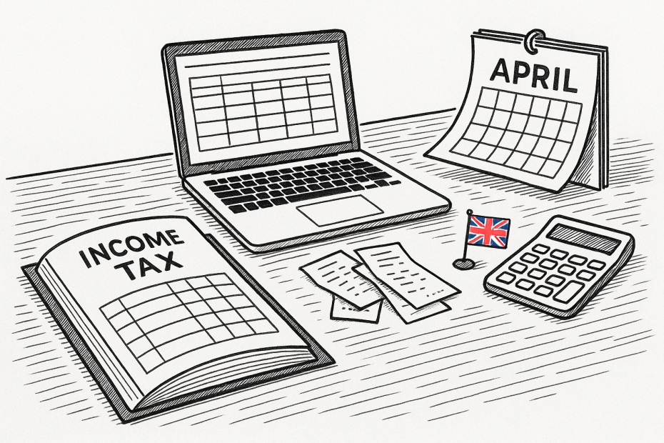 Pen-and-ink illustration of a sole trader desk with laptop, ledger, receipts and a small Union Jack flag.
