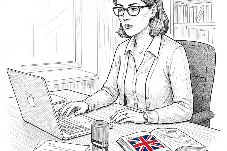 Pen-and-ink illustration of a small business owner checking Companies House records on a laptop, with a small tucked-away Union Jack as the only coloured element