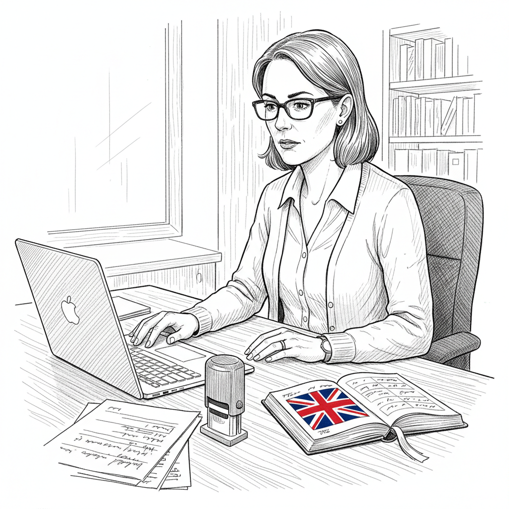 Pen-and-ink illustration of a small business owner checking Companies House records on a laptop, with a small tucked-away Union Jack as the only coloured element