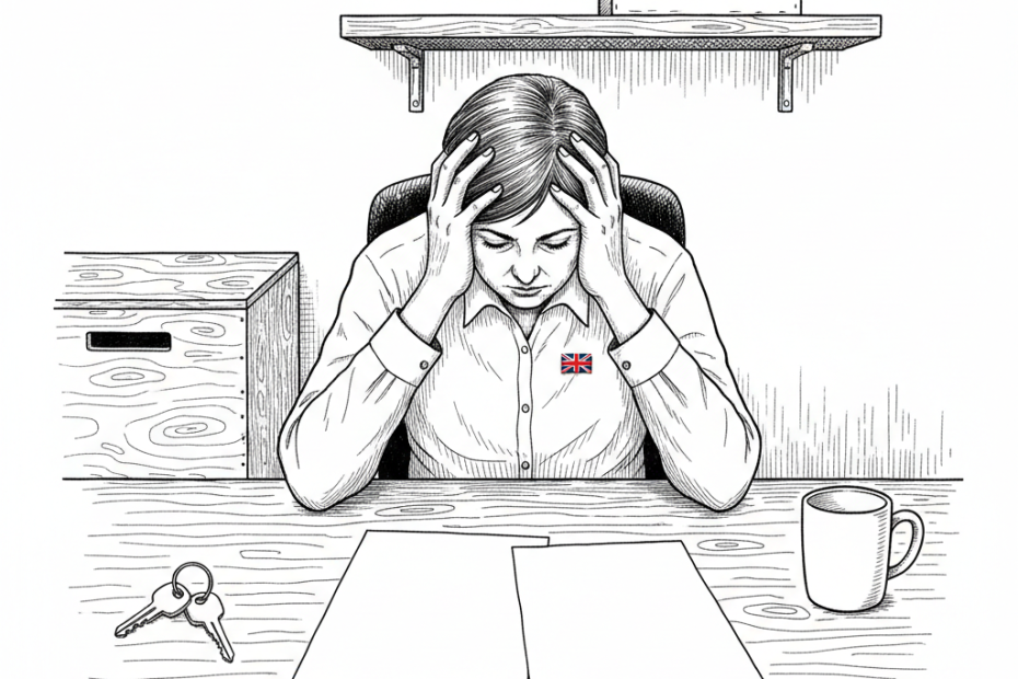 Pen-and-ink illustration of a UK small-business owner reviewing energy and fuel costs, with a small tucked-away Union Jack as the only coloured element