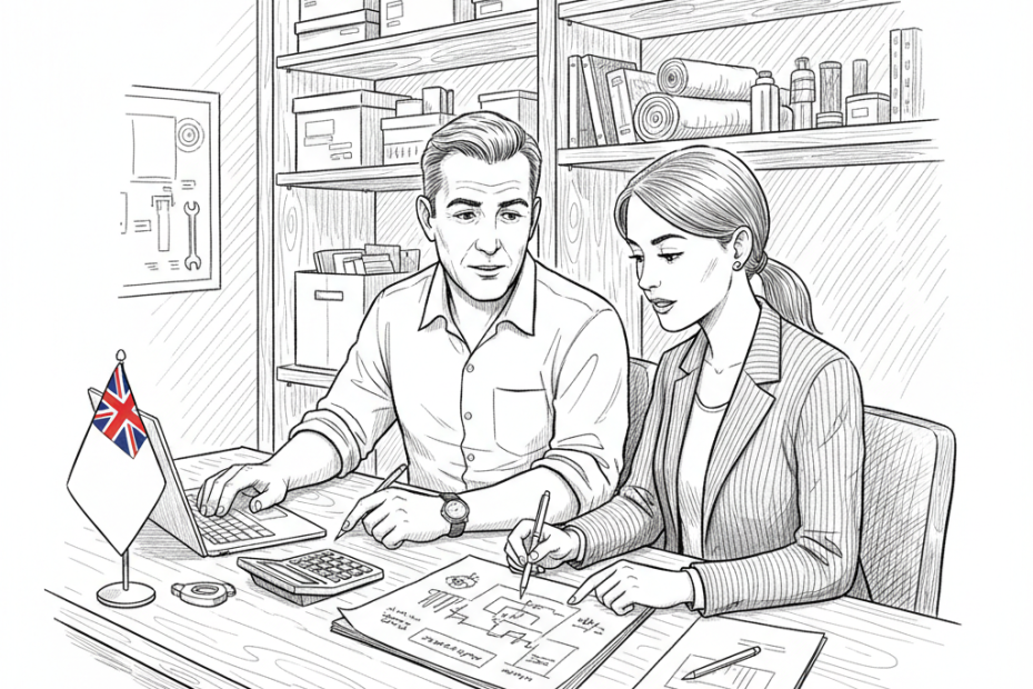 Pen-and-ink illustration of a UK small business owner reviewing growth plans with a lender, with a small tucked-away Union Jack as the only coloured element
