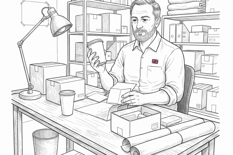 Pen-and-ink illustration of a small UK business owner reviewing packaging samples and delivery boxes, with a small tucked-away Union Jack as the only coloured element