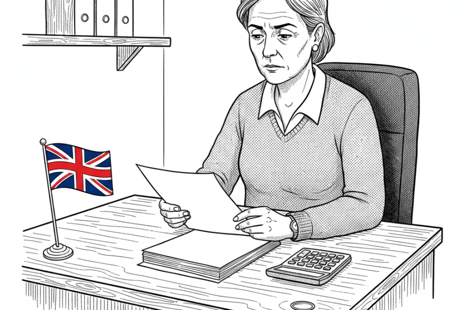Pen-and-ink illustration of a UK small business owner reviewing unpaid invoices at a desk, with a small tucked-away Union Jack as the only coloured element