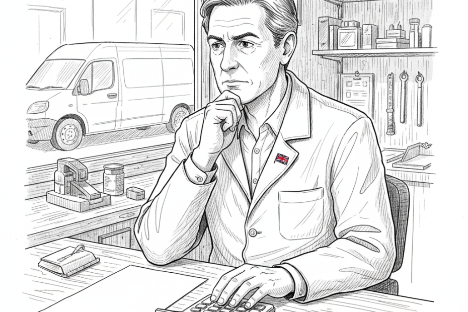 Pen-and-ink illustration of a UK small-business owner checking costs and fuel receipts at a counter, with a small tucked-away Union Jack as the only coloured element
