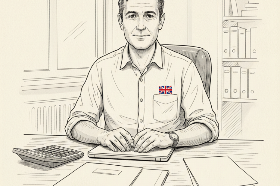 Pen-and-ink illustration of a UK sole trader reviewing digital tax records at a desk, with a small tucked-away Union Jack as the only coloured element