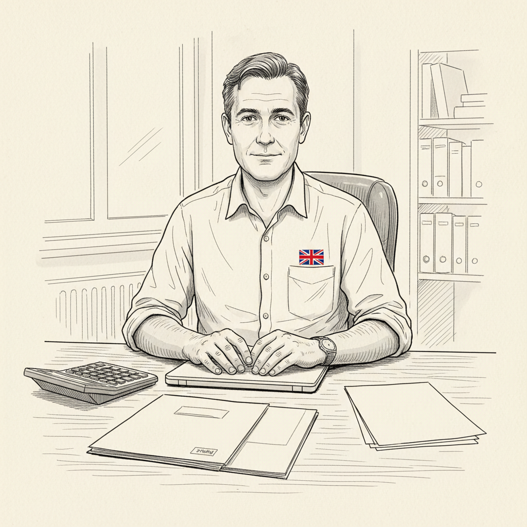 Pen-and-ink illustration of a UK sole trader reviewing digital tax records at a desk, with a small tucked-away Union Jack as the only coloured element