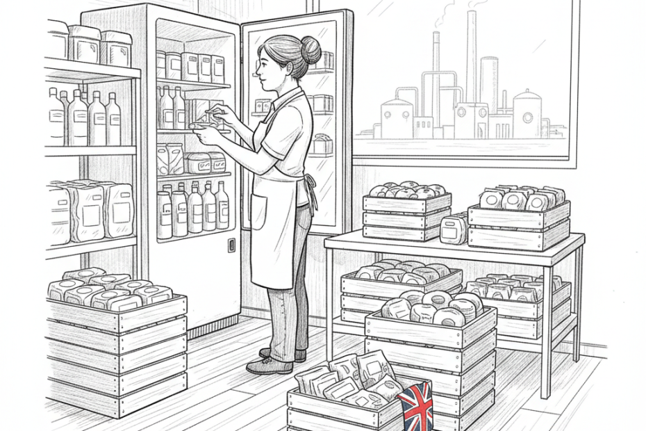 Pen-and-ink illustration of a UK small food-and-drink business owner checking chilled stock and drink crates, with a faint industrial plant in the background and a small tucked-away Union Jack as the only coloured element