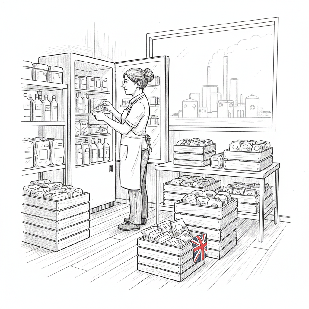 Pen-and-ink illustration of a UK small food-and-drink business owner checking chilled stock and drink crates, with a faint industrial plant in the background and a small tucked-away Union Jack as the only coloured element
