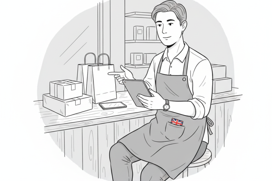 Pen-and-ink illustration of a UK small business owner at a shop or takeaway counter reviewing customer feedback on paper, with plain packaging and a small tucked-away Union Jack as the only coloured element