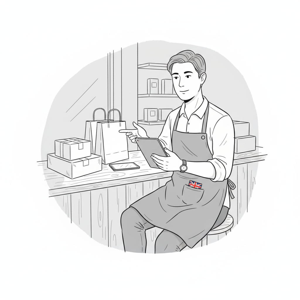 Pen-and-ink illustration of a UK small business owner at a shop or takeaway counter reviewing customer feedback on paper, with plain packaging and a small tucked-away Union Jack as the only coloured element