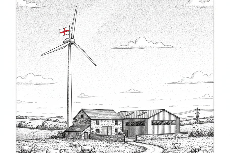 Pen-and-ink illustration of a small wind turbine beside a farm workshop and small factory in England, with a small tucked-away St George's Cross as the only coloured element