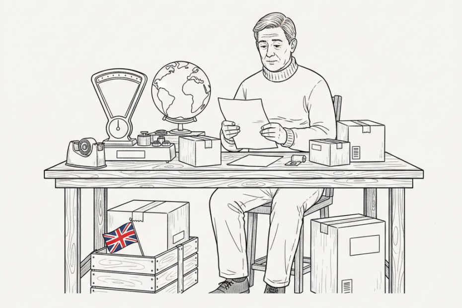 Pen-and-ink illustration of a UK small business owner reviewing import and export parcels at a packing bench, with plain boxes and a small tucked-away Union Jack as the only coloured element
