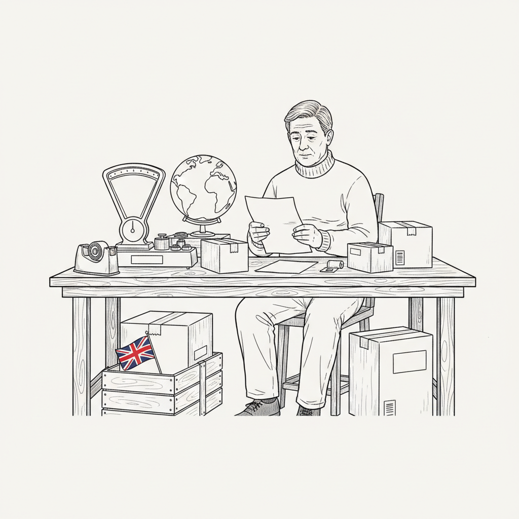 Pen-and-ink illustration of a UK small business owner reviewing import and export parcels at a packing bench, with plain boxes and a small tucked-away Union Jack as the only coloured element