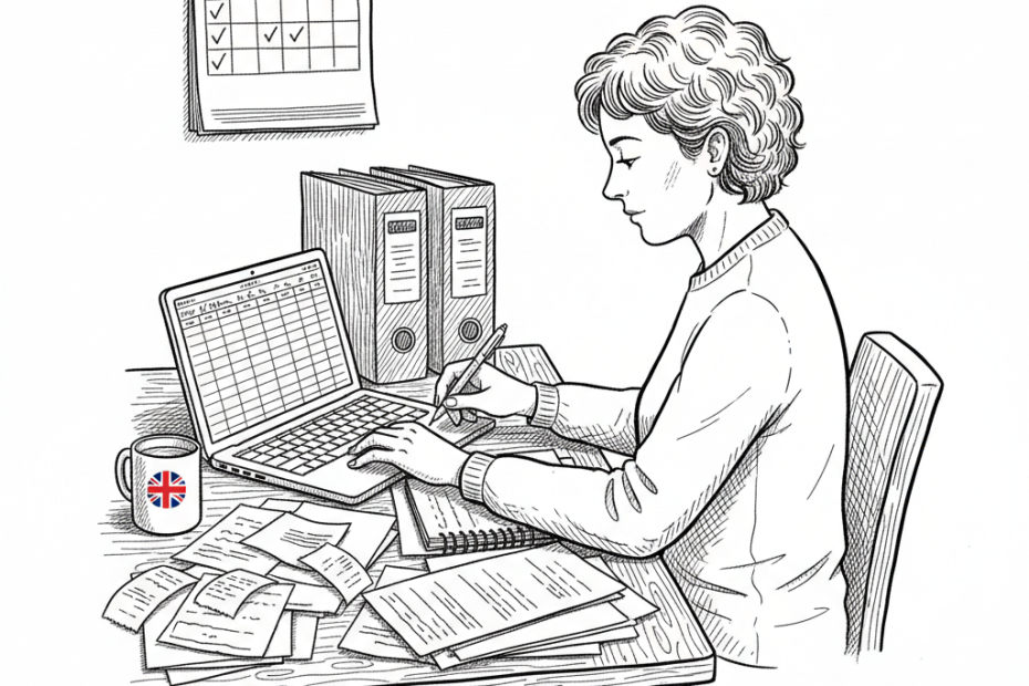 Pen-and-ink illustration of a UK sole trader organising digital tax records at a desk, with a small tucked-away Union Jack as the only coloured element