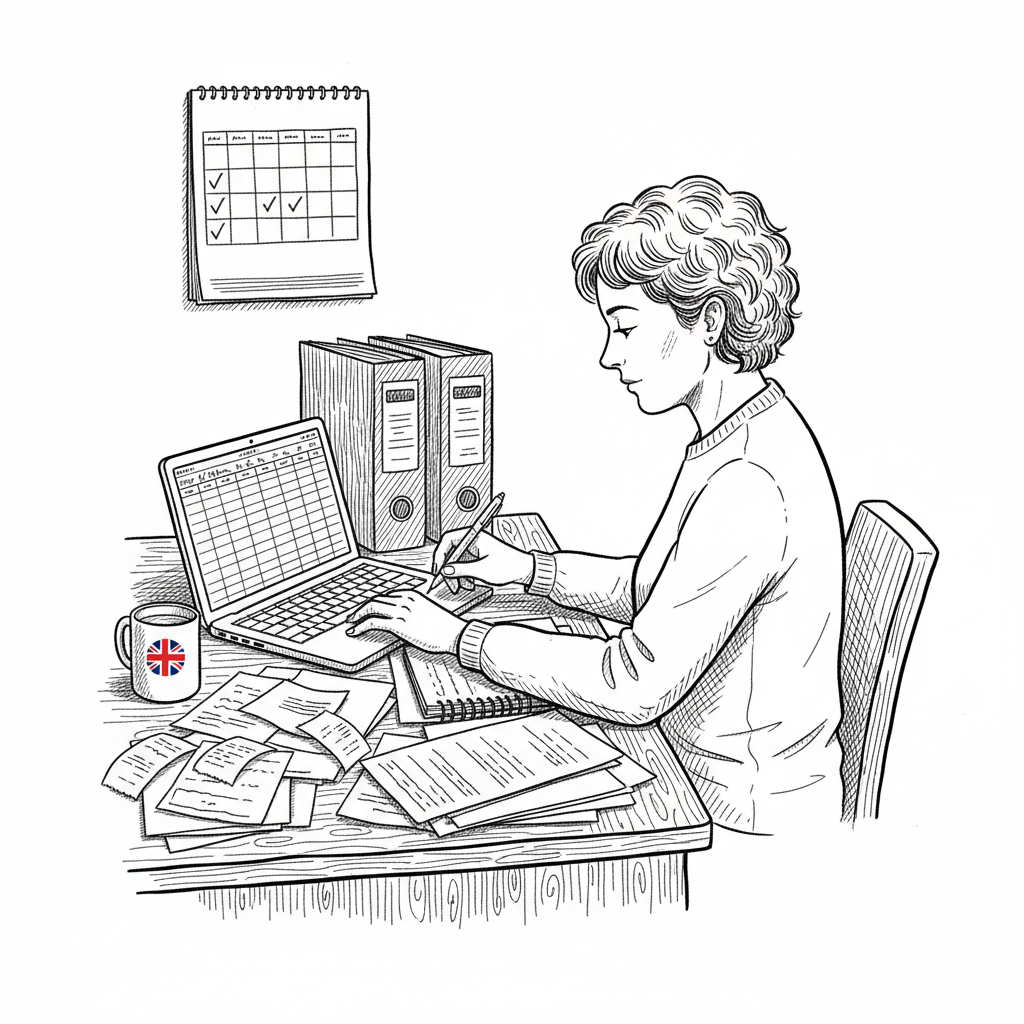 Pen-and-ink illustration of a UK sole trader organising digital tax records at a desk, with a small tucked-away Union Jack as the only coloured element