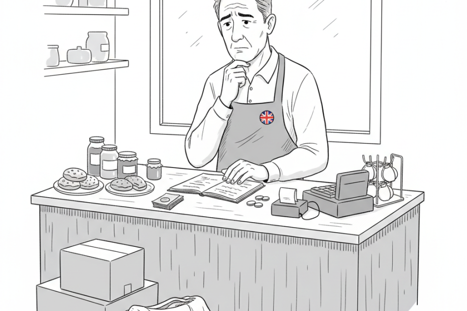Pen-and-ink illustration of a UK small shop or cafe owner reviewing a quieter day’s takings, with a small tucked-away Union Jack as the only coloured element