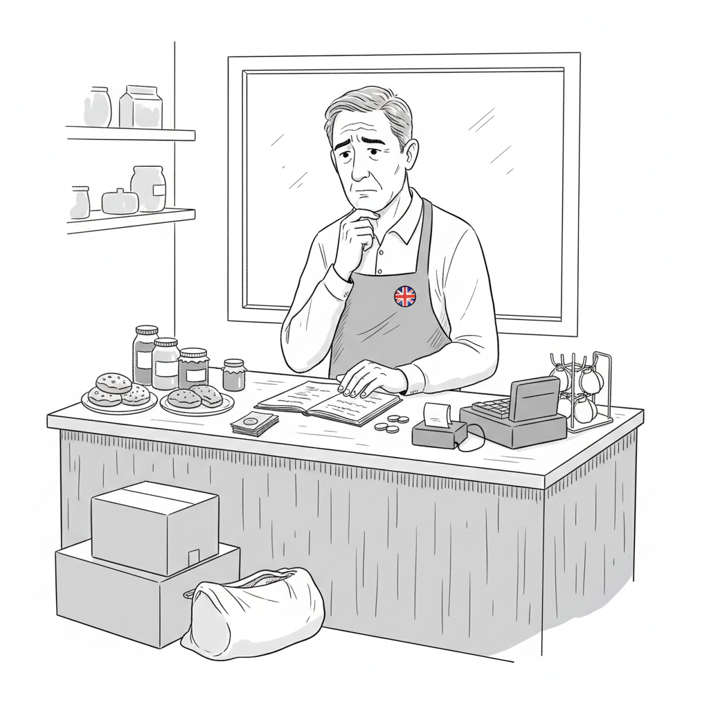 Pen-and-ink illustration of a UK small shop or cafe owner reviewing a quieter day’s takings, with a small tucked-away Union Jack as the only coloured element