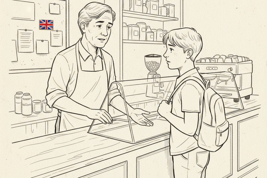 Pen-and-ink illustration of a UK small café or shop owner showing a weekend rota to a teenage worker, with a small tucked-away Union Jack as the only coloured element