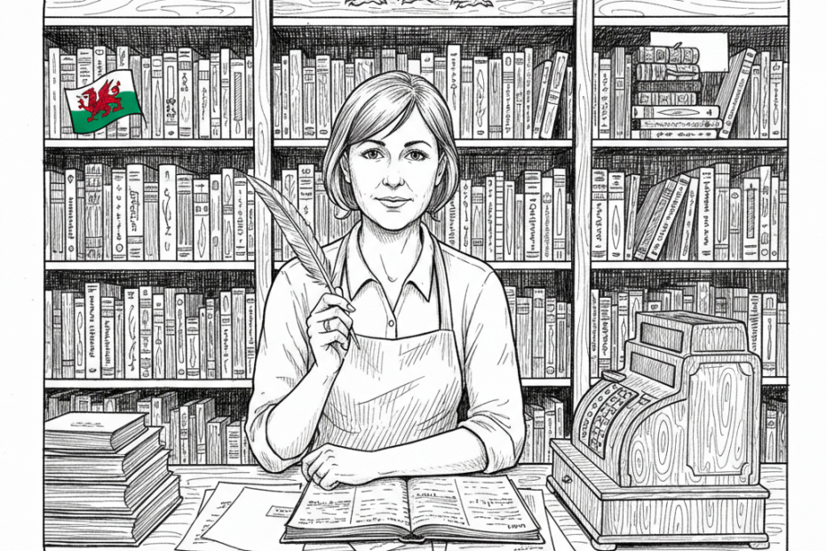 Pen-and-ink illustration of a Welsh small business owner reviewing payroll and household-cost notes at a shop counter, with a small tucked-away Welsh flag as the only coloured element