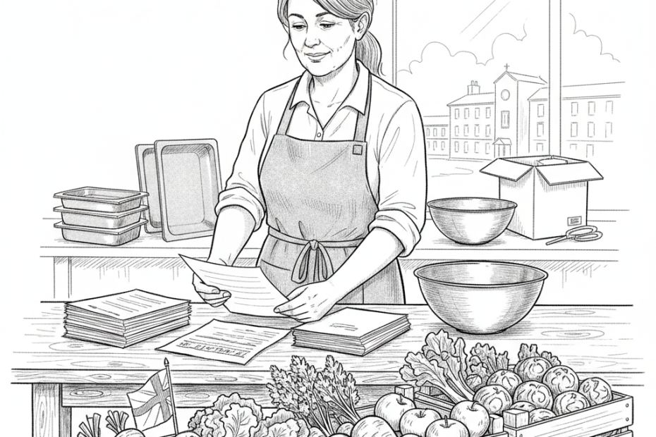 Pen-and-ink illustration of an English small food supplier reviewing produce crates and order paperwork for a school or hospital catering delivery, with a small tucked-away St George’s flag as the only coloured element