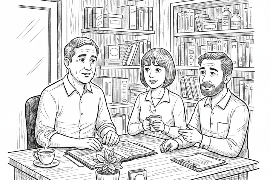 Pen-and-ink illustration of a small UK employer and staff discussing a phased return to work in a modest workplace, with a small tucked-away Union Jack as the only coloured element