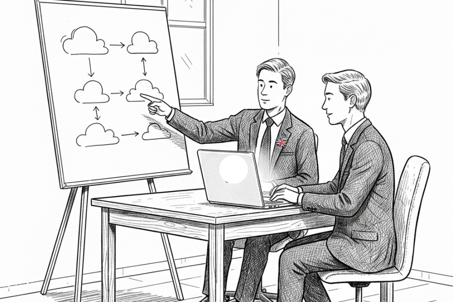 Pen-and-ink illustration of a UK small-business owner and IT adviser reviewing software and cloud contract notes at a desk, with a small tucked-away Union Jack as the only coloured element