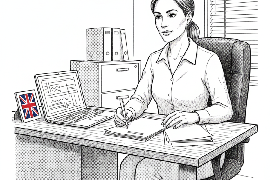 Pen-and-ink illustration of a UK small business owner checking payroll records at a desk, with a small tucked-away Union Jack as the only coloured element