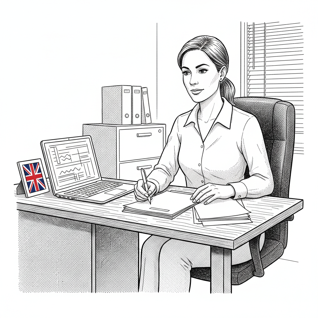 Pen-and-ink illustration of a UK small business owner checking payroll records at a desk, with a small tucked-away Union Jack as the only coloured element