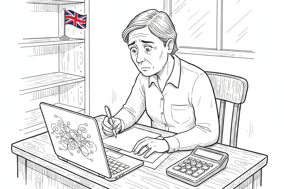 Pen-and-ink illustration of a UK small business owner reviewing bills and cash-flow papers at a desk, with a small tucked-away Union Jack as the only coloured element