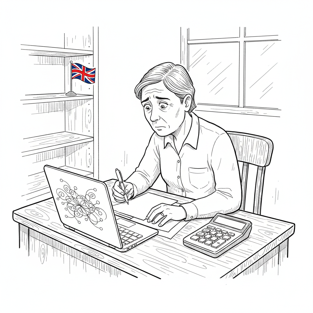 Pen-and-ink illustration of a UK small business owner reviewing bills and cash-flow papers at a desk, with a small tucked-away Union Jack as the only coloured element