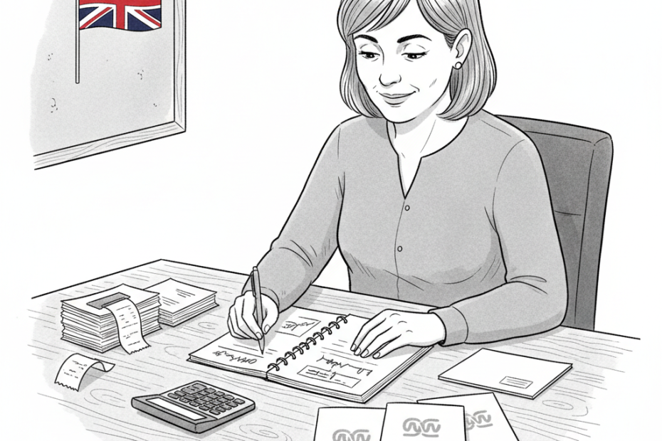 Pen-and-ink illustration of a UK small business owner reviewing simple tax guides at a desk, with a small tucked-away Union Jack as the only coloured element