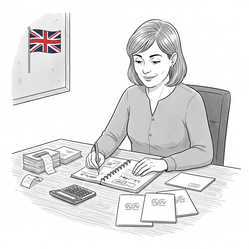 Pen-and-ink illustration of a UK small business owner reviewing simple tax guides at a desk, with a small tucked-away Union Jack as the only coloured element