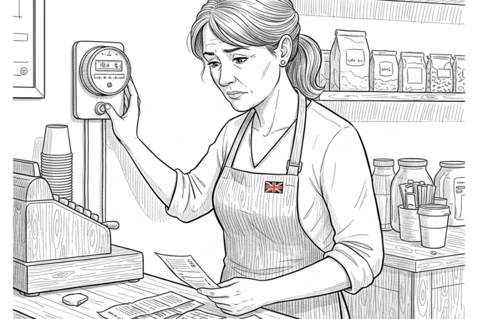 Pen-and-ink illustration of a small UK business owner studying rising utility costs at a shop counter, with a small tucked-away Union Jack as the only coloured element
