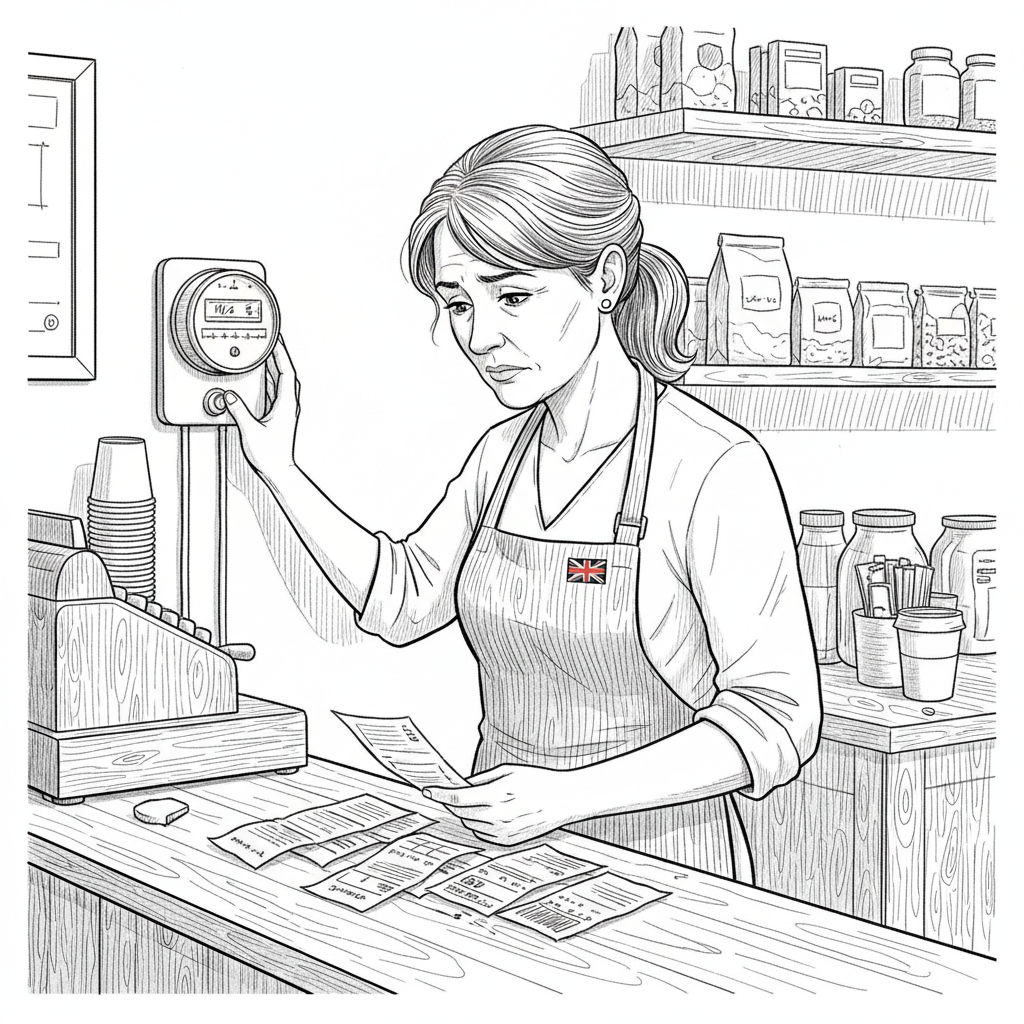 Pen-and-ink illustration of a small UK business owner studying rising utility costs at a shop counter, with a small tucked-away Union Jack as the only coloured element