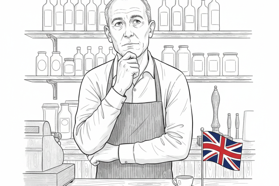 Pen-and-ink illustration of a small UK shop or pub owner reviewing a business rates notice at a counter, with a small tucked-away Union Jack as the only coloured element
