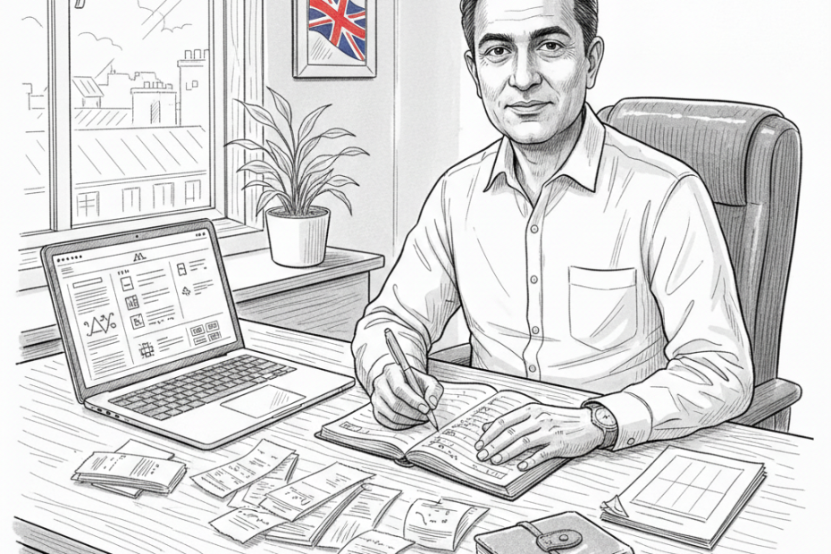 Pen-and-ink illustration of a UK sole trader preparing digital tax records at a desk, with a small tucked-away Union Jack as the only coloured element
