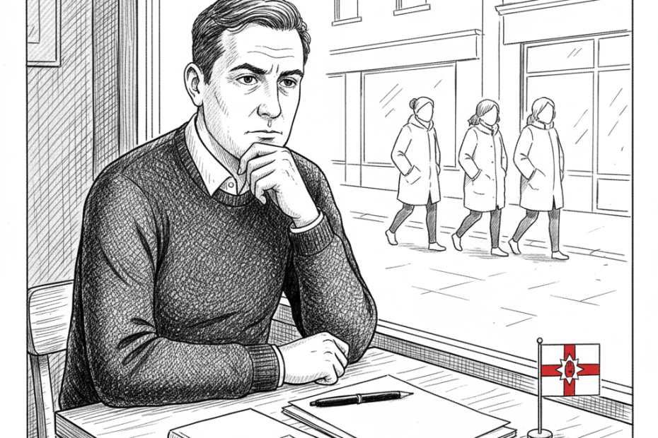 Pen-and-ink illustration of a Northern Ireland hospitality owner reviewing bookings and staff rotas in a quiet café or hotel lobby, with a small tucked-away Northern Ireland flag as the only coloured element