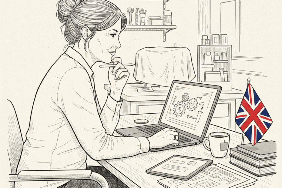 Pen-and-ink illustration of a British small business owner planning AI and automation training at a desk, with a small tucked-away Union Jack as the only coloured element