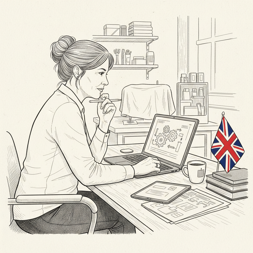 Pen-and-ink illustration of a British small business owner planning AI and automation training at a desk, with a small tucked-away Union Jack as the only coloured element