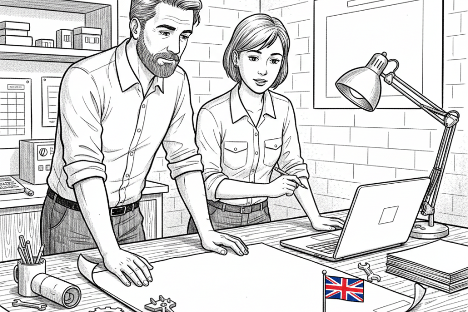Pen-and-ink illustration of a UK small business founder and engineer reviewing a patent application at a desk, with a small tucked-away Union Jack as the only coloured element