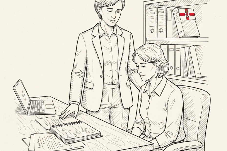Pen-and-ink illustration of a small Northern Ireland business office with an employer and employee speaking privately, with a small tucked-away Northern Irish flag as the only coloured element